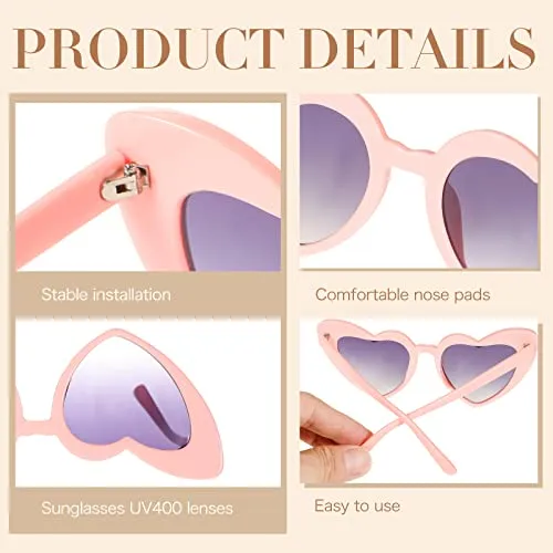 12 Pairs Heart Shaped Sunglasses Bachelorette Heart Sunglasses Pack Vintage Cat Mod Retro Eyeglasses for Women Summer Party, Pink