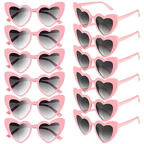 12 Pairs Heart Shaped Sunglasses Bachelorette Heart Sunglasses Pack Vintage Cat Mod Retro Eyeglasses for Women Summer Party, Pink