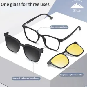 3 In 1 Night Vision plain glass spectacles Metal with Magnet Clip on Sunglasses