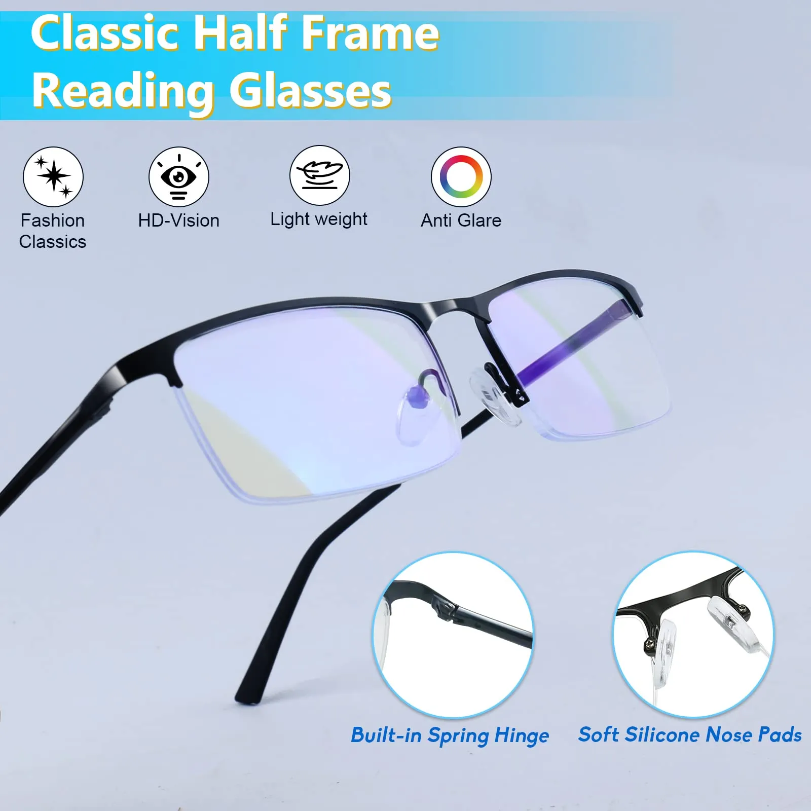 3 Pack Blue Light Blocking Reading Glasses for Men, Stylish Half Frame Metal Computer Readers, Lightweight Spring Hinge Eyeglasses Anti Eyestrain/Glare/UV (Mix Color, Black Grey Brown, 1.25) Mix Color(black/Grey/Brown) 1.25 x