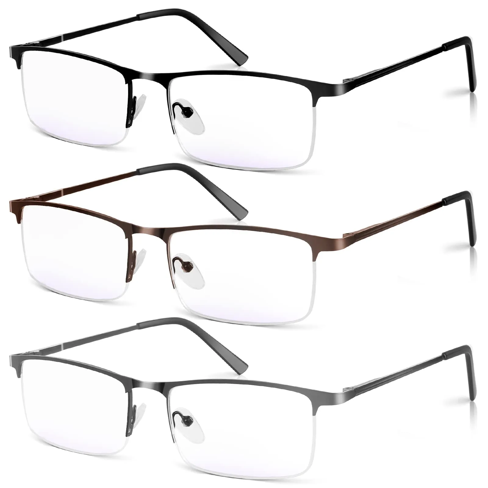 3 Pack Blue Light Blocking Reading Glasses for Men, Stylish Half Frame Metal Computer Readers, Lightweight Spring Hinge Eyeglasses Anti Eyestrain/Glare/UV (Mix Color, Black Grey Brown, 1.25) Mix Color(black/Grey/Brown) 1.25 x