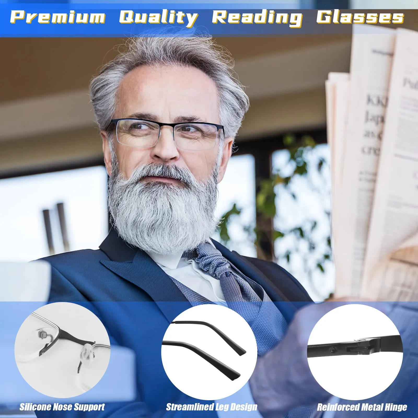 3 Pack Blue Light Blocking Reading Glasses for Men, Stylish Half Frame Metal Computer Readers, Lightweight Spring Hinge Eyeglasses Anti Eyestrain/Glare/UV (Mix Color, Black Grey Brown, 1.25) Mix Color(black/Grey/Brown) 1.25 x