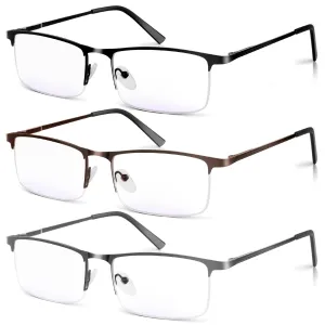 3 Pack Blue Light Blocking Reading Glasses for Men, Stylish Half Frame Metal Computer Readers, Lightweight Spring Hinge Eyeglasses Anti Eyestrain/Glare/UV (Mix Color, Black Grey Brown, 1.25) Mix Color(black/Grey/Brown) 1.25 x