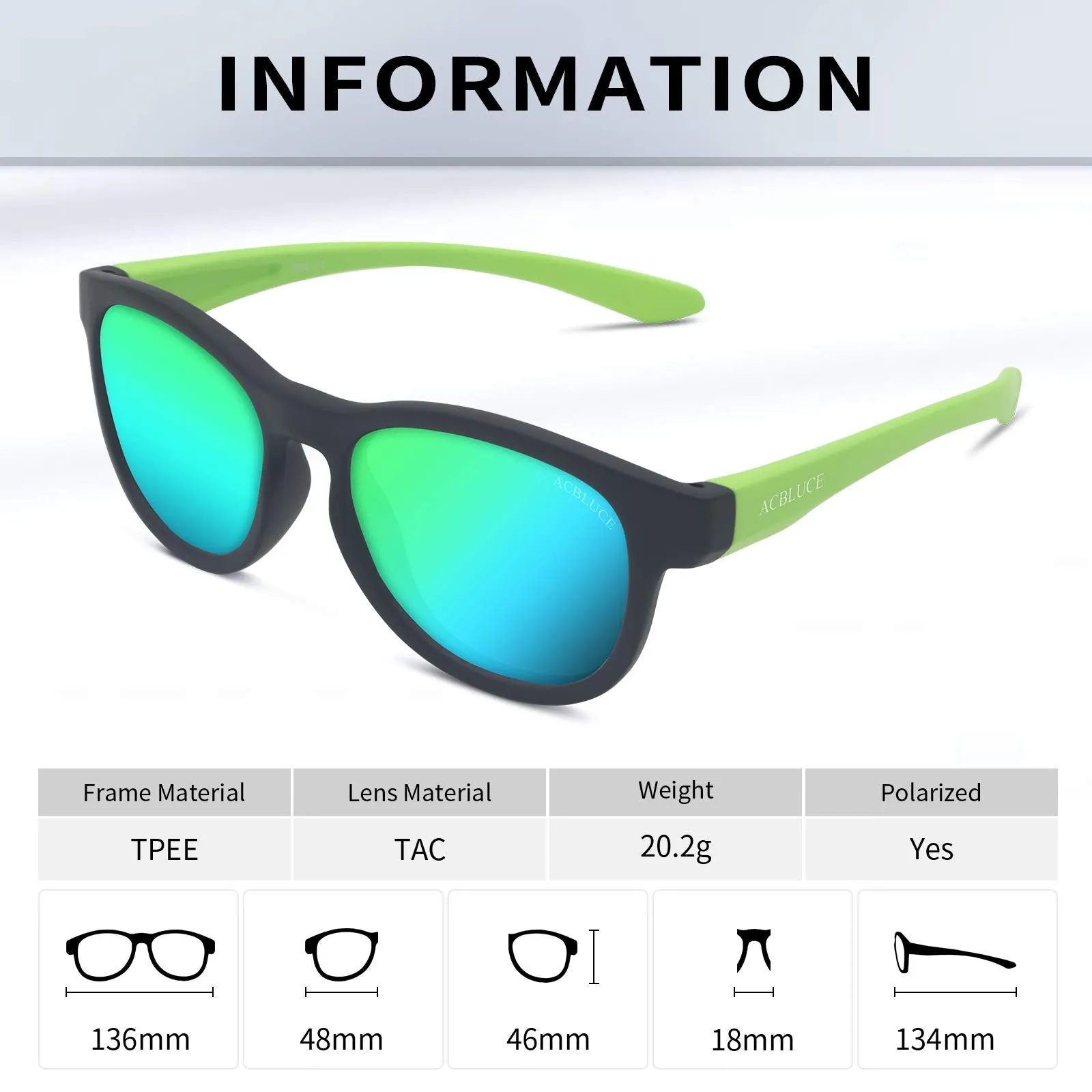 ACBLUCE Kids Polarized Sports Sunglasses TPEE for Girls Boys Youth Children Age 5-13 with UV Protection Frame: Matt Black Green/ Lens: Green Coating