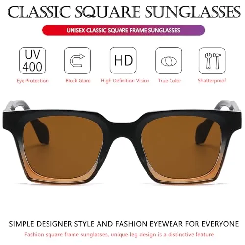 AIEYEZO Classic Square Sunglasses for Men Women Fashion Square Sun Glasses Trendy Designer Style Shades (Black Brown/Brown)