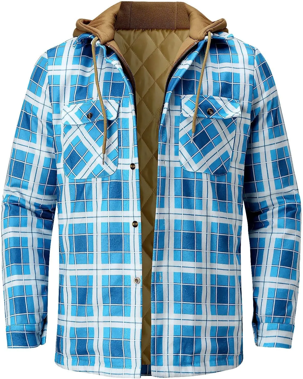 Alalaso Men's Quilted Lined Flannel Hooded Shirt Jacket, Soft Long Sleeve Outdoor Plaid Shirt Jackets