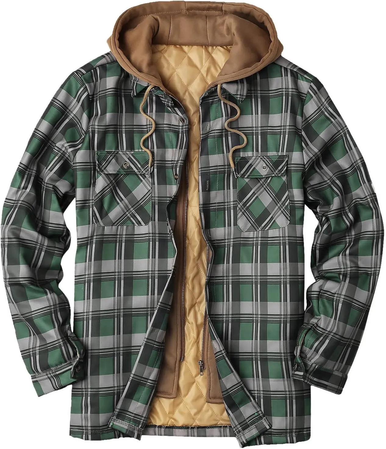 Alalaso Men's Quilted Lined Flannel Hooded Shirt Jacket, Soft Long Sleeve Outdoor Plaid Shirt Jackets