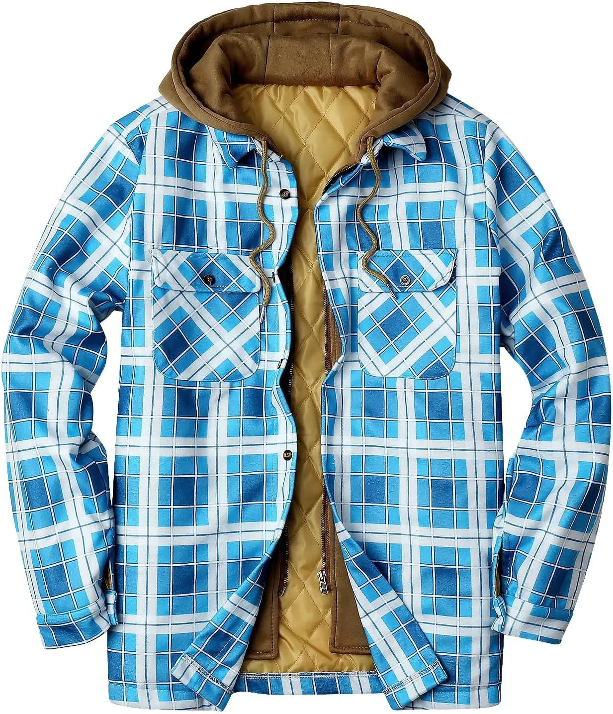 Alalaso Men's Quilted Lined Flannel Hooded Shirt Jacket, Soft Long Sleeve Outdoor Plaid Shirt Jackets