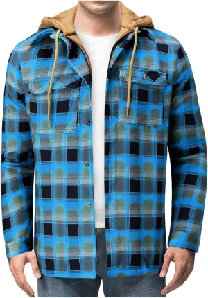 Alalaso Men's Quilted Lined Flannel Hooded Shirt Jacket, Soft Long Sleeve Outdoor Plaid Shirt Jackets