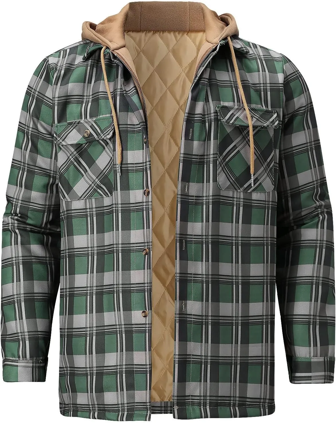 Alalaso Men's Quilted Lined Flannel Hooded Shirt Jacket, Soft Long Sleeve Outdoor Plaid Shirt Jackets