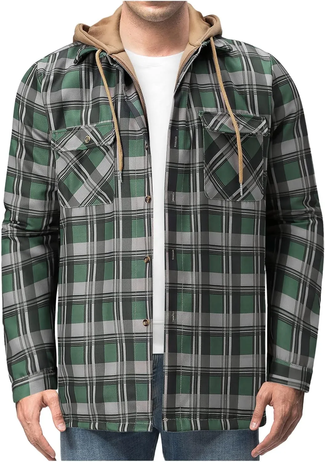 Alalaso Men's Quilted Lined Flannel Hooded Shirt Jacket, Soft Long Sleeve Outdoor Plaid Shirt Jackets