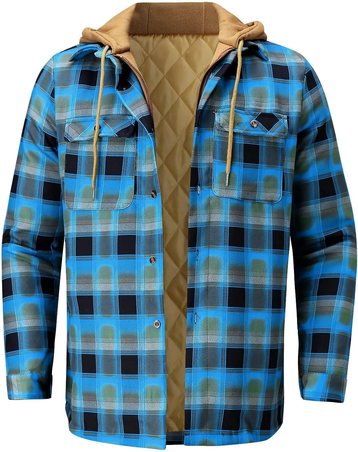 Alalaso Men's Quilted Lined Flannel Hooded Shirt Jacket, Soft Long Sleeve Outdoor Plaid Shirt Jackets