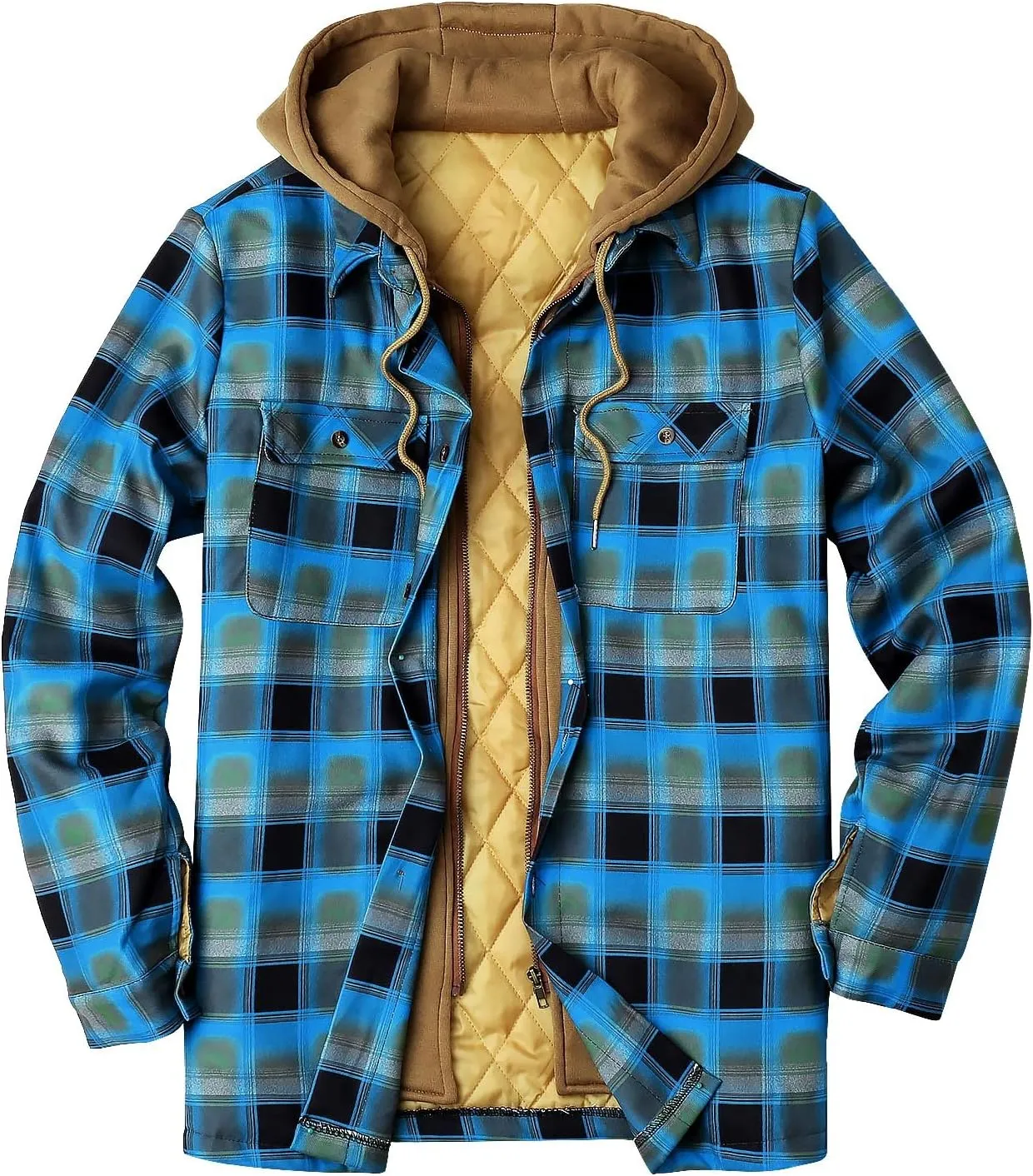 Alalaso Men's Quilted Lined Flannel Hooded Shirt Jacket, Soft Long Sleeve Outdoor Plaid Shirt Jackets