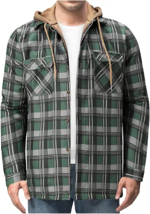 Alalaso Men's Quilted Lined Flannel Hooded Shirt Jacket, Soft Long Sleeve Outdoor Plaid Shirt Jackets