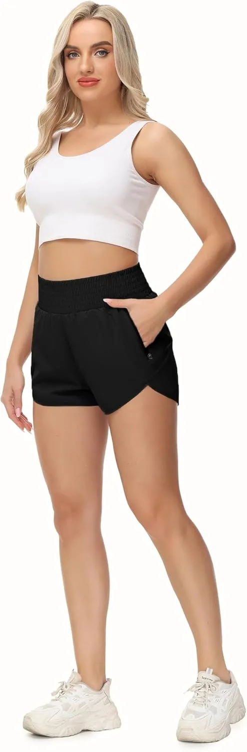Aurefin High Waisted Athletic Shorts for Women, Quick Dry Running Shorts with Pocket and Liner Gym Workout Shorts for Summer
