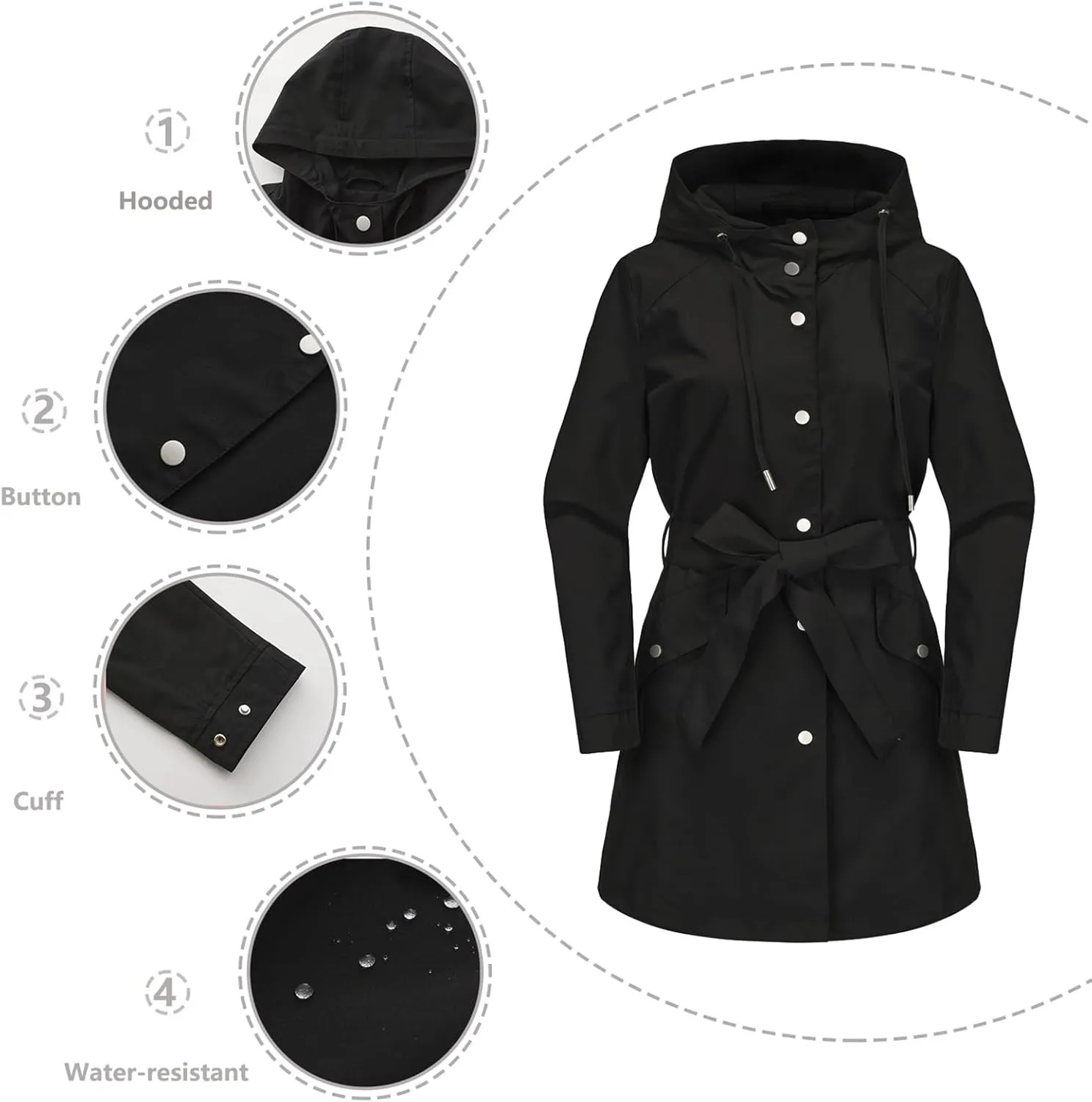 Bidobibo Women's Raincoats Waterproof Hooded Lightweight Winter Jacket with Belt Windbreaker Jacket Womens Plus Size 2024