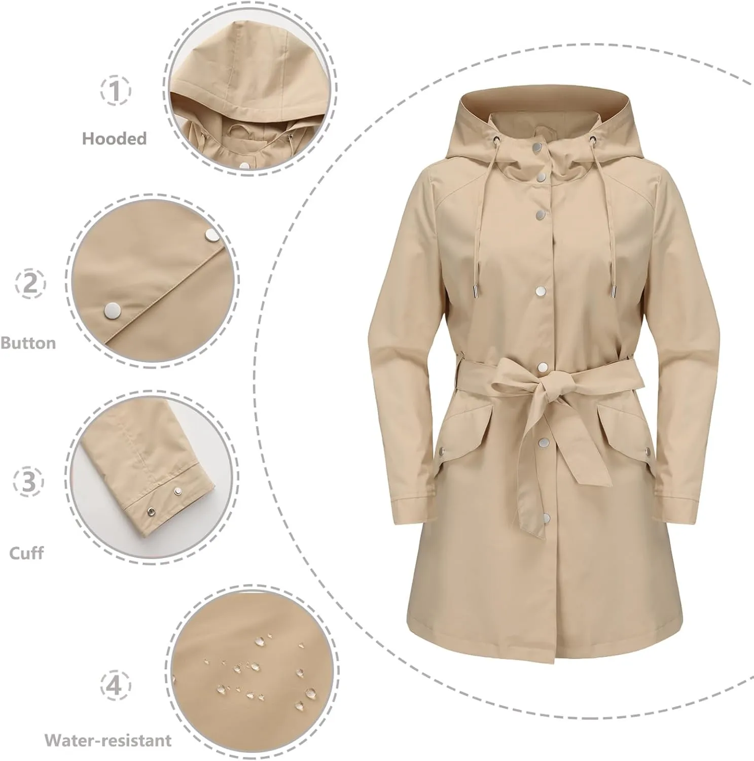 Bidobibo Women's Raincoats Waterproof Hooded Lightweight Winter Jacket with Belt Windbreaker Jacket Womens Plus Size 2024