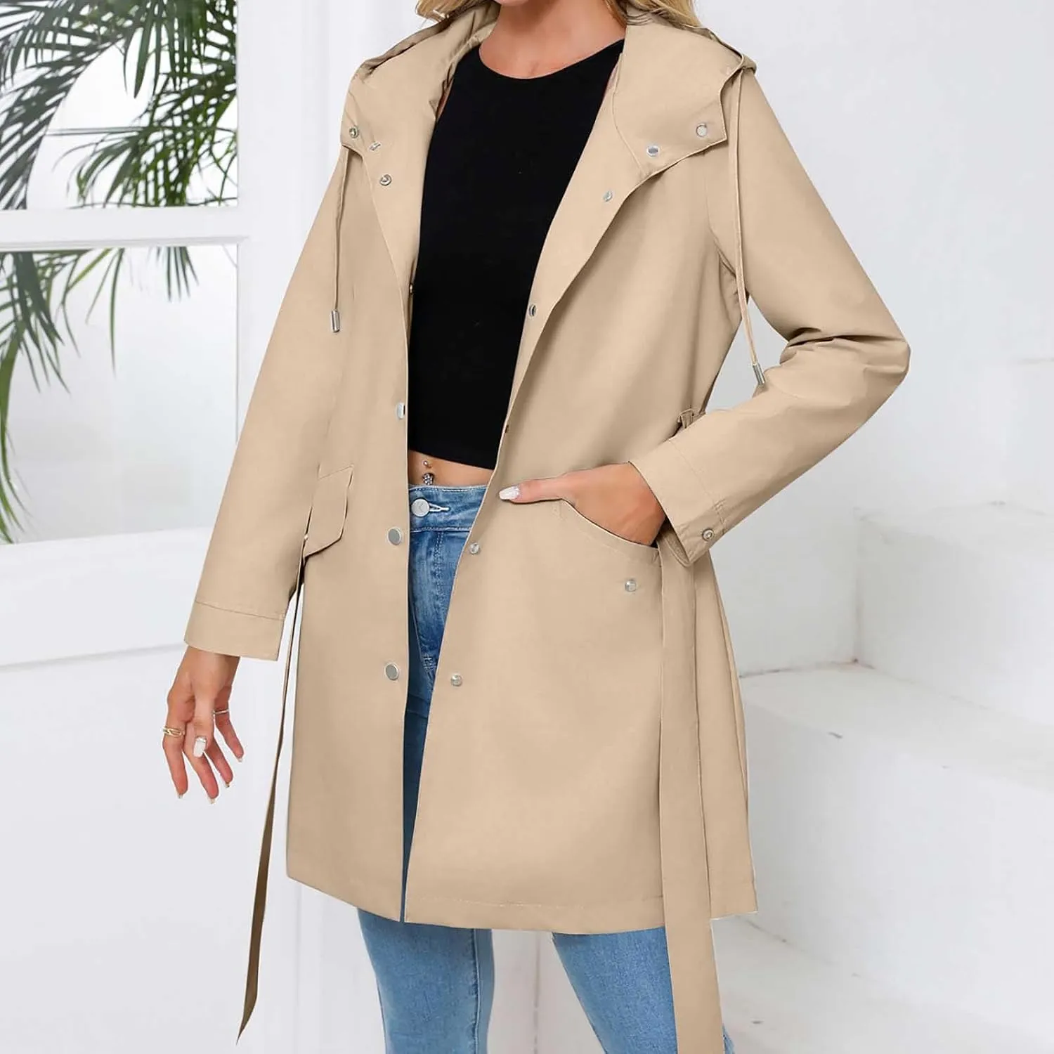 Bidobibo Women's Raincoats Waterproof Hooded Lightweight Winter Jacket with Belt Windbreaker Jacket Womens Plus Size 2024