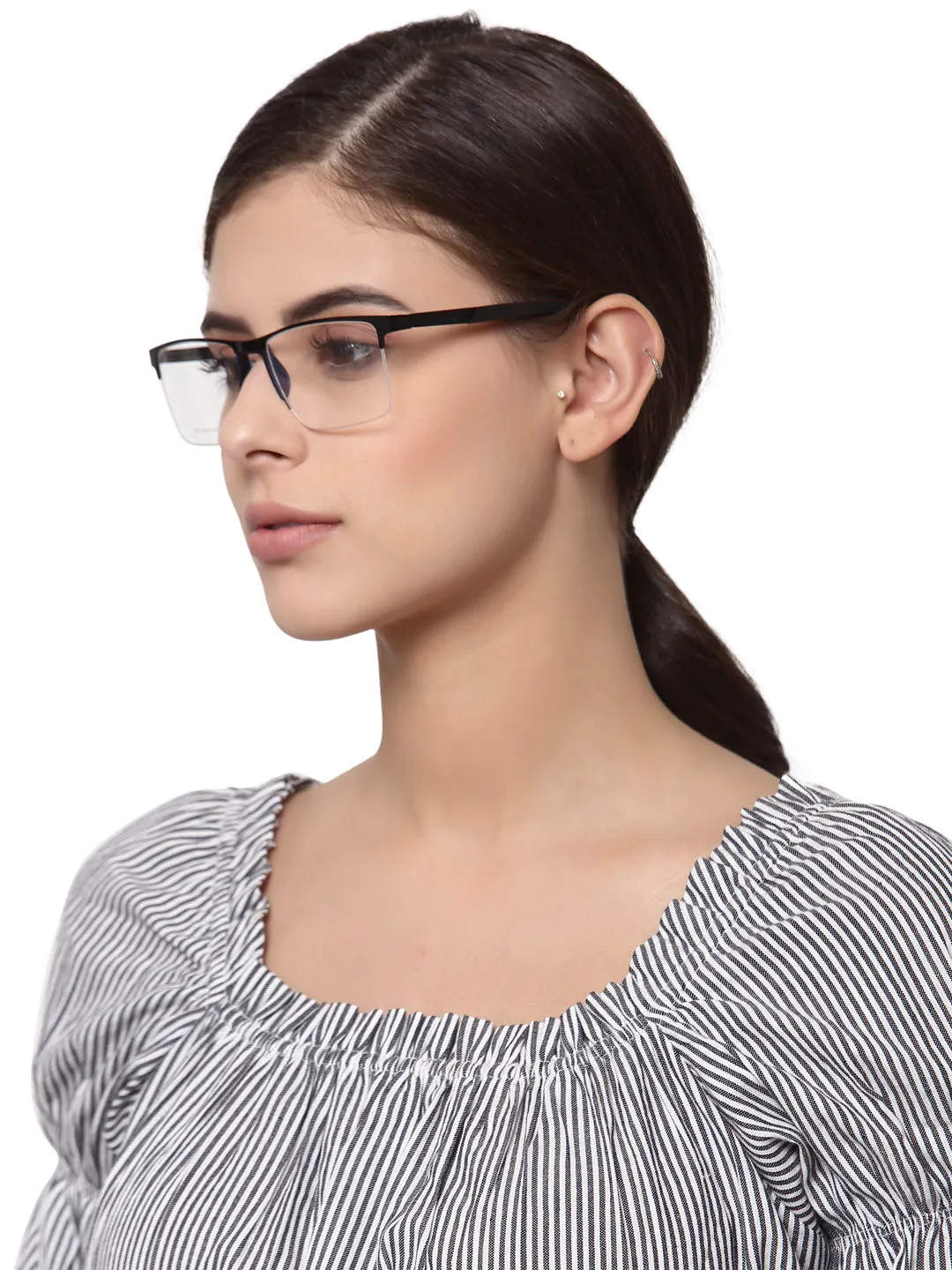 Black Blue Squared Half Rim Metal Unisex Glasses Frame