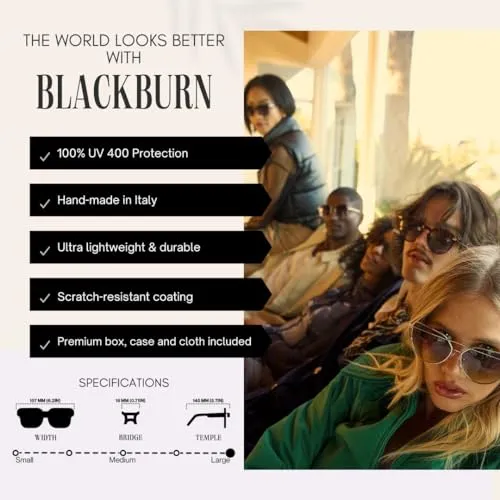 Blackburn Italian-Crafted, Trendy Cat Eye Sunglasses for Men Women in Black, Fashionable Big Black Sun Glasses UV400 Protection