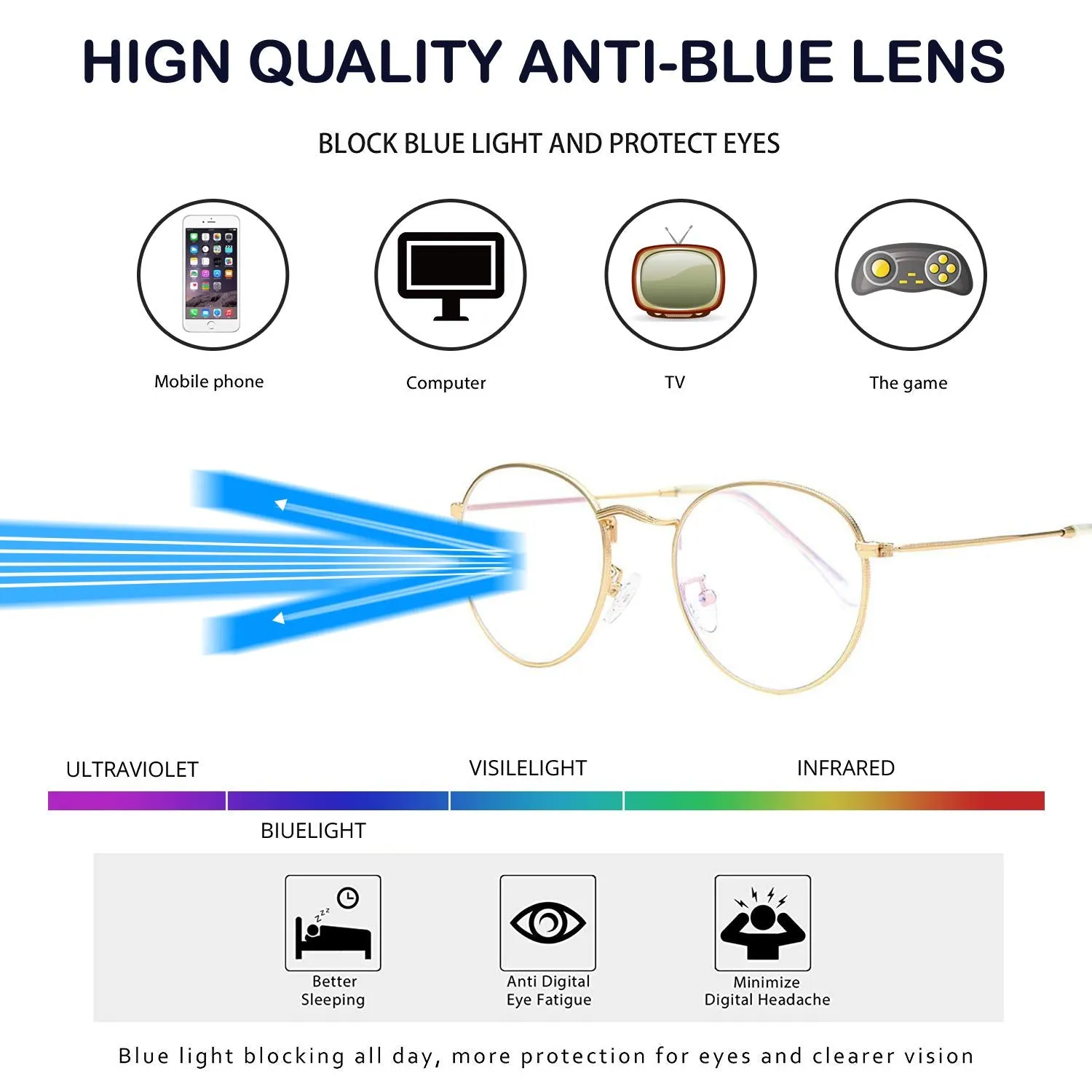 Blue Light Blocking Glasses for Women Men Retro Round Clear Lens Eyeglasses B1 Gold (Blue Light Blocking Glasses) Blue Light Blocking Glasses 50 Millimeters
