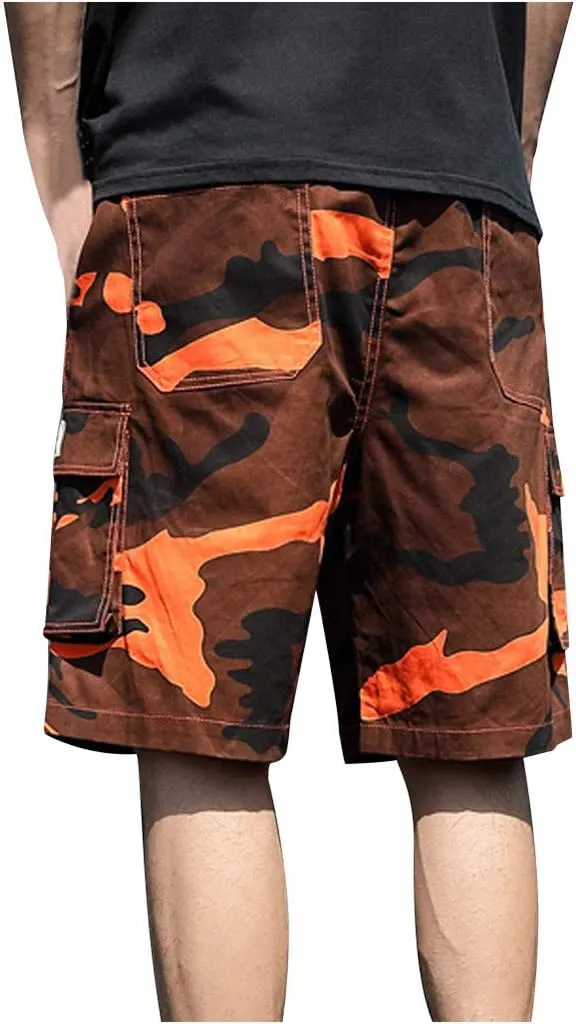 Camo Cargo Shorts for Men Casual Plaid Relaxed Loose Fit Elastic Waist with Multi Pocket Pants Mens Summer Capri