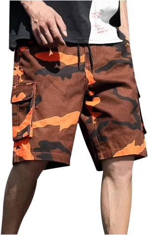 Camo Cargo Shorts for Men Casual Plaid Relaxed Loose Fit Elastic Waist with Multi Pocket Pants Mens Summer Capri