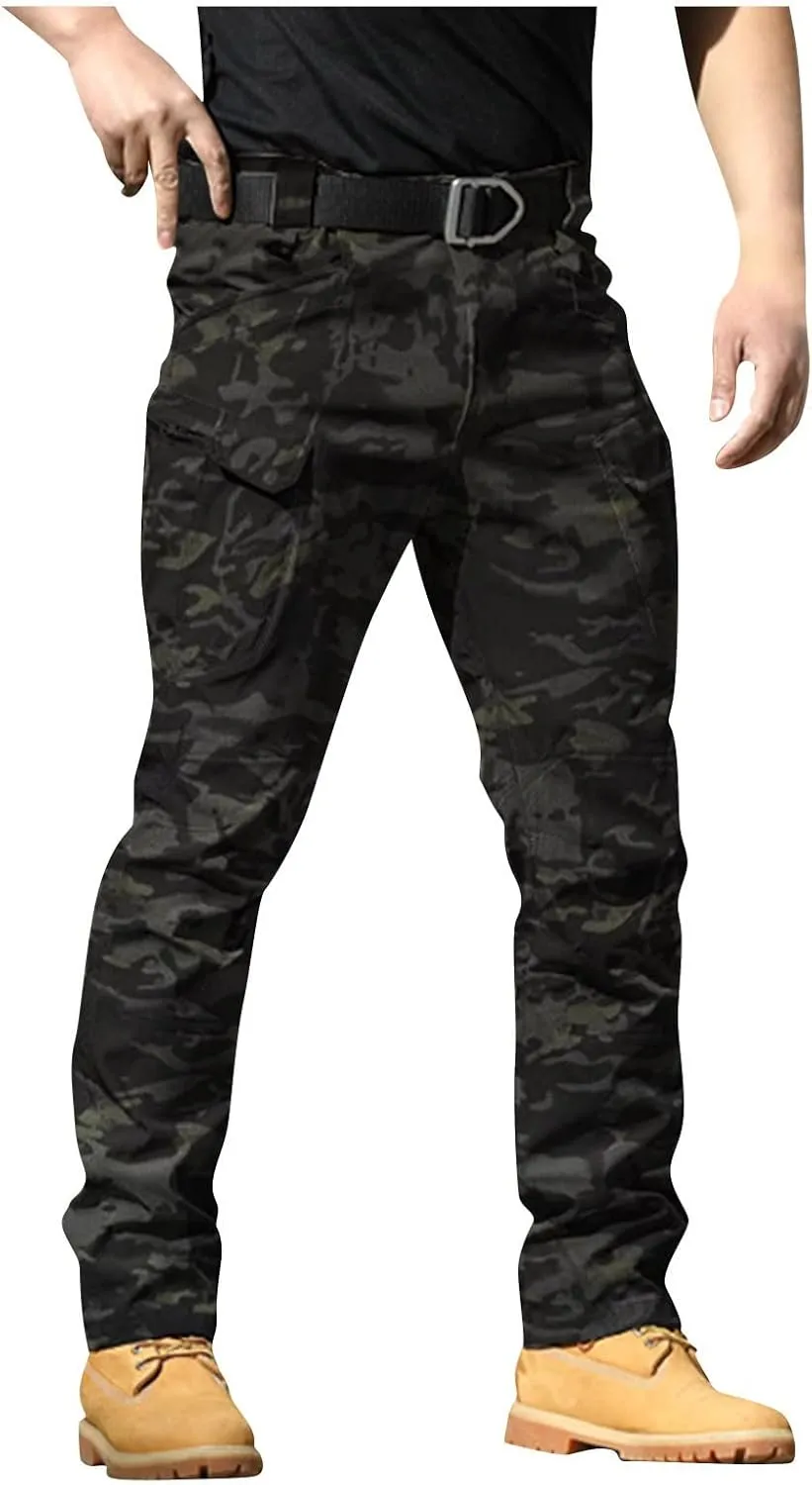 Cargo Pants for Men Multi Pocket Athletic Trousers Military Fan Elastic Waistband Casual Overalls Hiking Pants