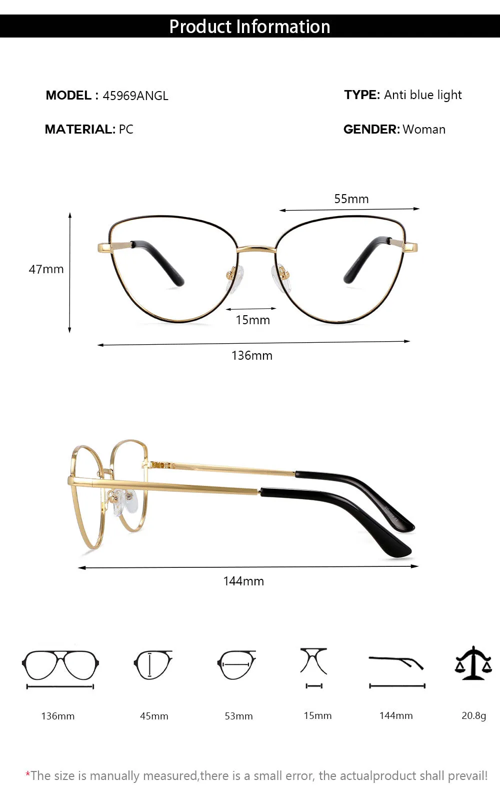 CCspace Unisex Full Rim Cat Eye Alloy Frame Eyeglasses 45969