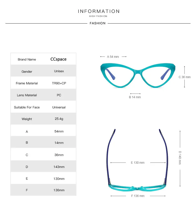 CCspace Unisex Full Rim Cat Eye Tr 90 Titanium Frame Eyeglasses 47532