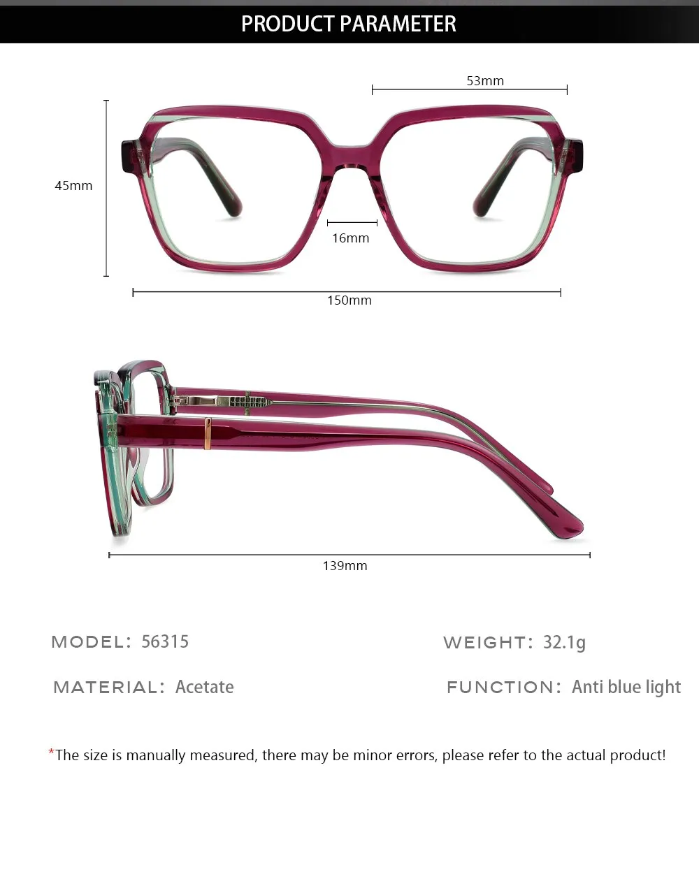 CCspace Unisex Full Rim Irregular Square Acetate Eyeglasses 56315