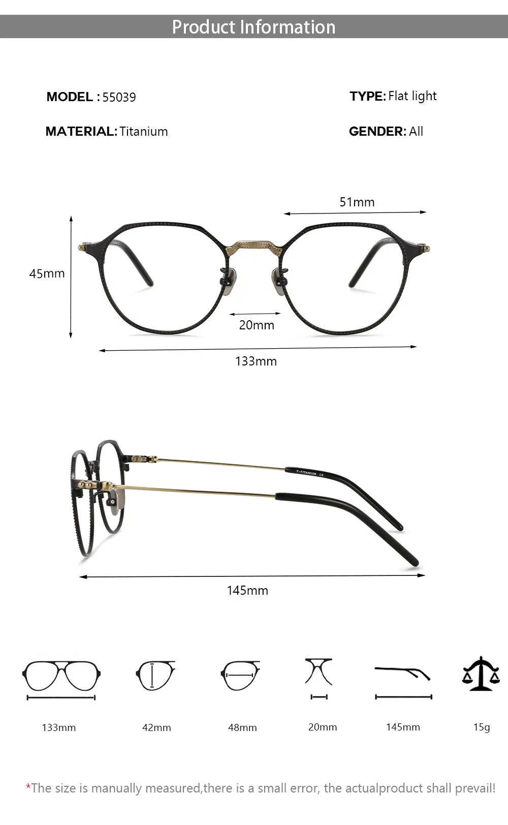 CCspace Unisex Full Rim Large Irregular Square Titanium Eyeglasses 55039