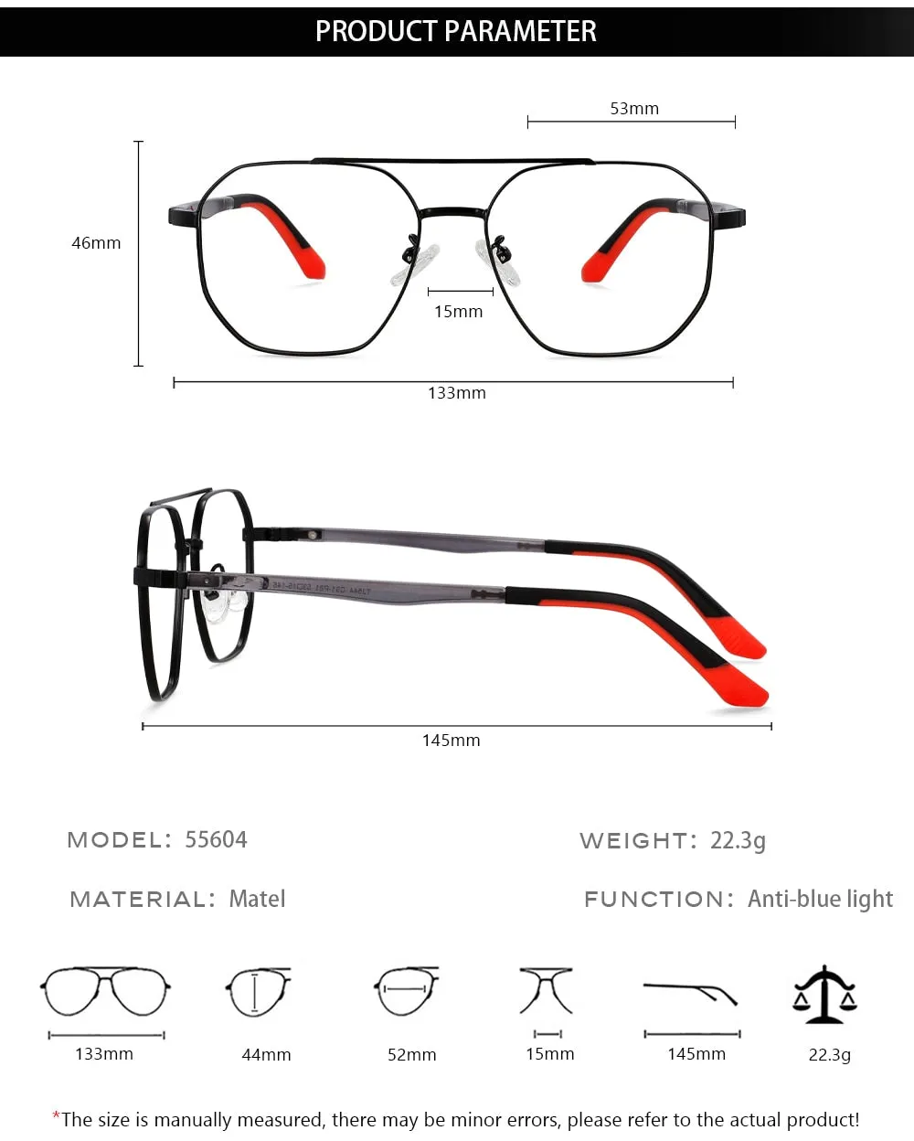 CCspace Unisex Full RIm Oval Double Bridge Alloy Eyeglasses 55604