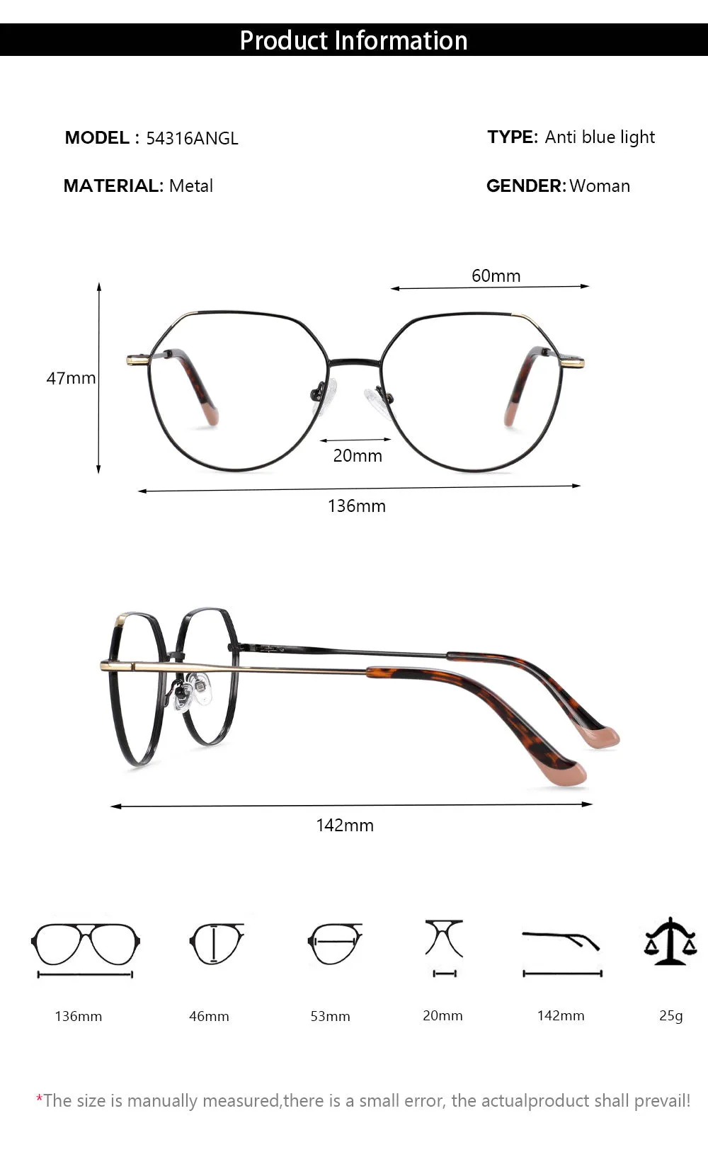 CCspace Unisex Full Rim Polygonal Round Alloy Frame Eyeglasses 54316