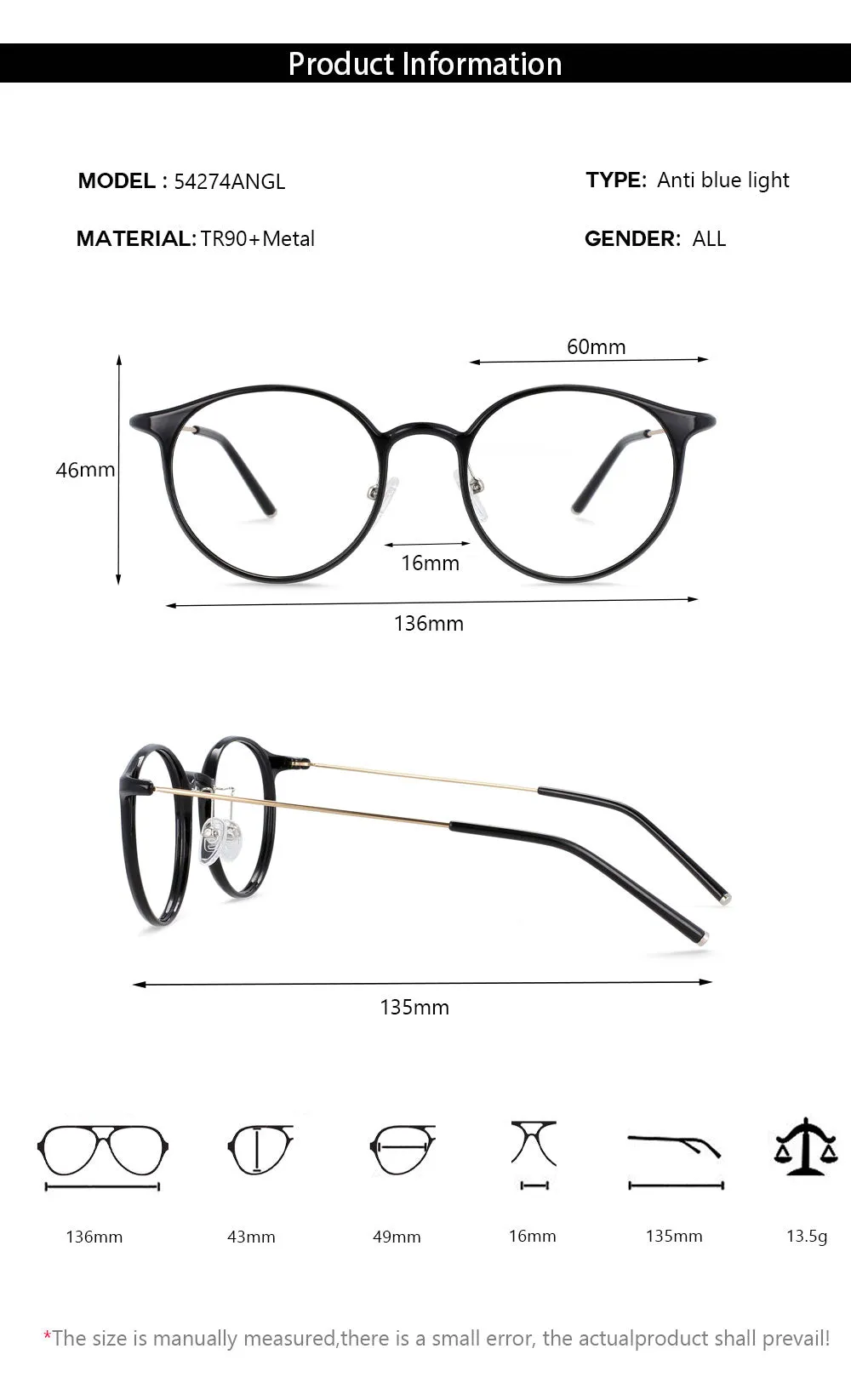 CCspace Unisex Full Rim Round Tr 90 Titanium Frame Eyeglasses 54274