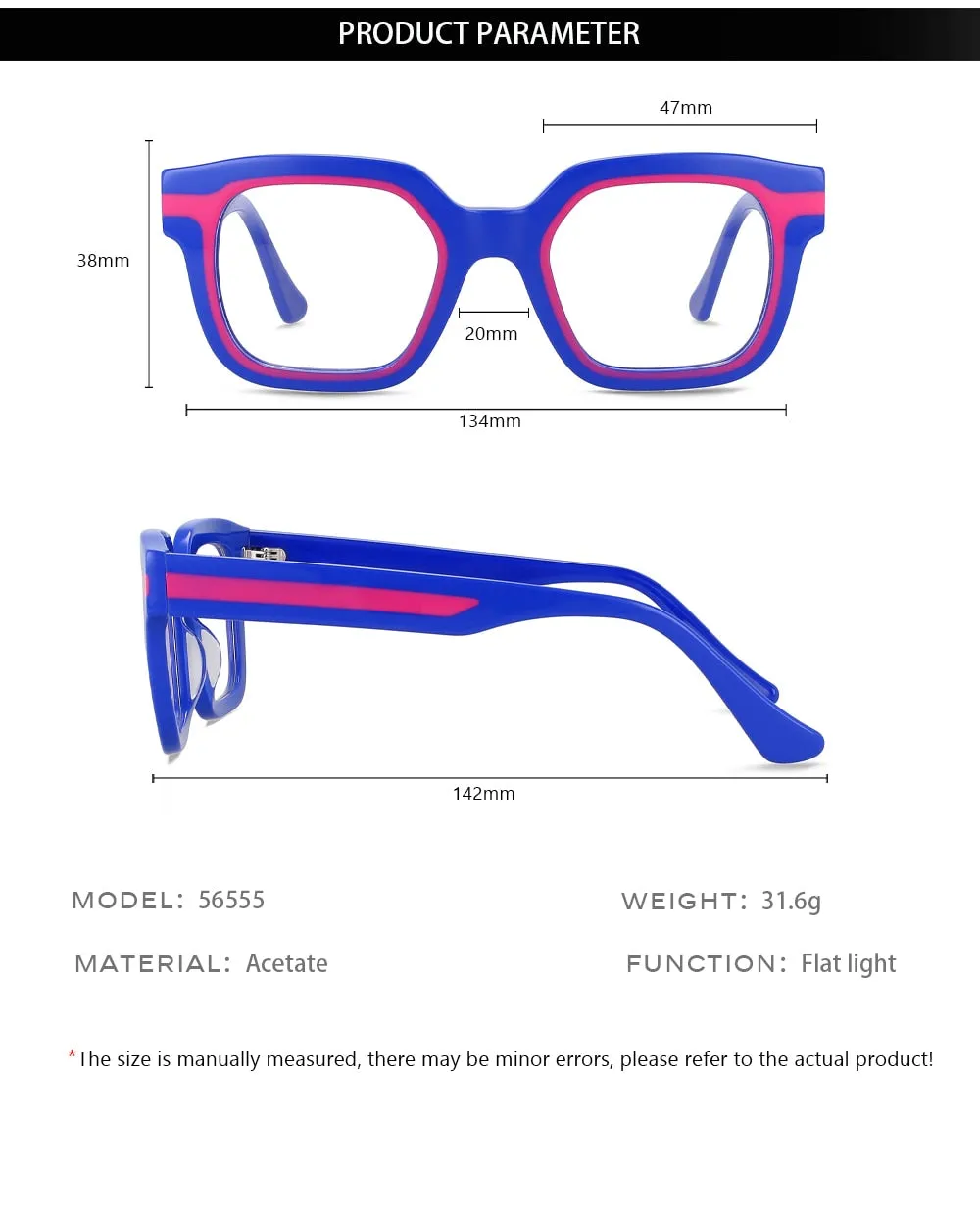 CCspace Unisex Full Rim Square Acetate Eyeglasses 56555