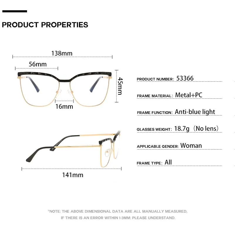 CCspace Unisex Full Rim Square Cat Eye Tr 90 Alloy Frame Eyeglasses 53366