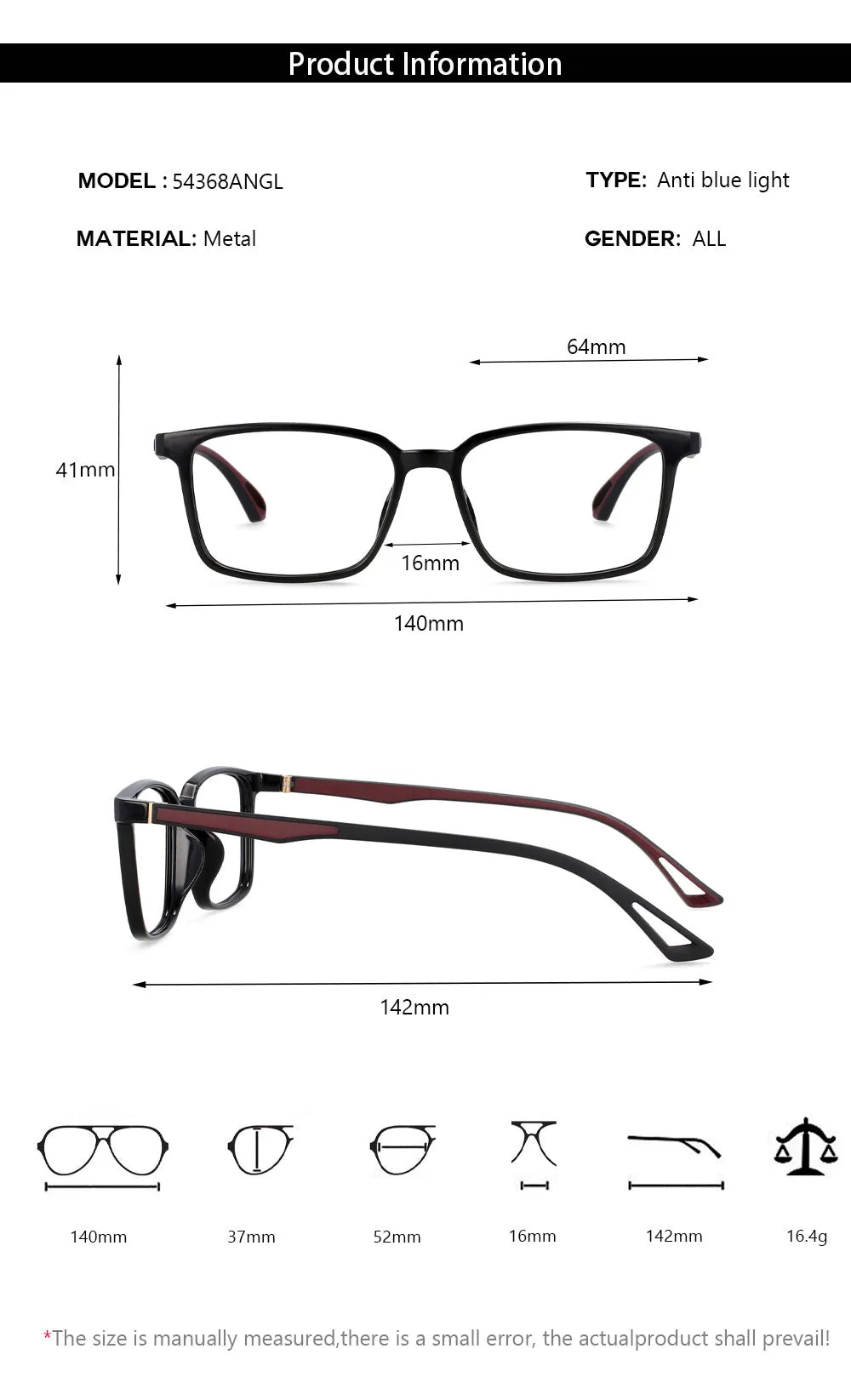 CCspace Unisex Full Rim Square Tr 90 Alloy Frame Eyeglasses 54368