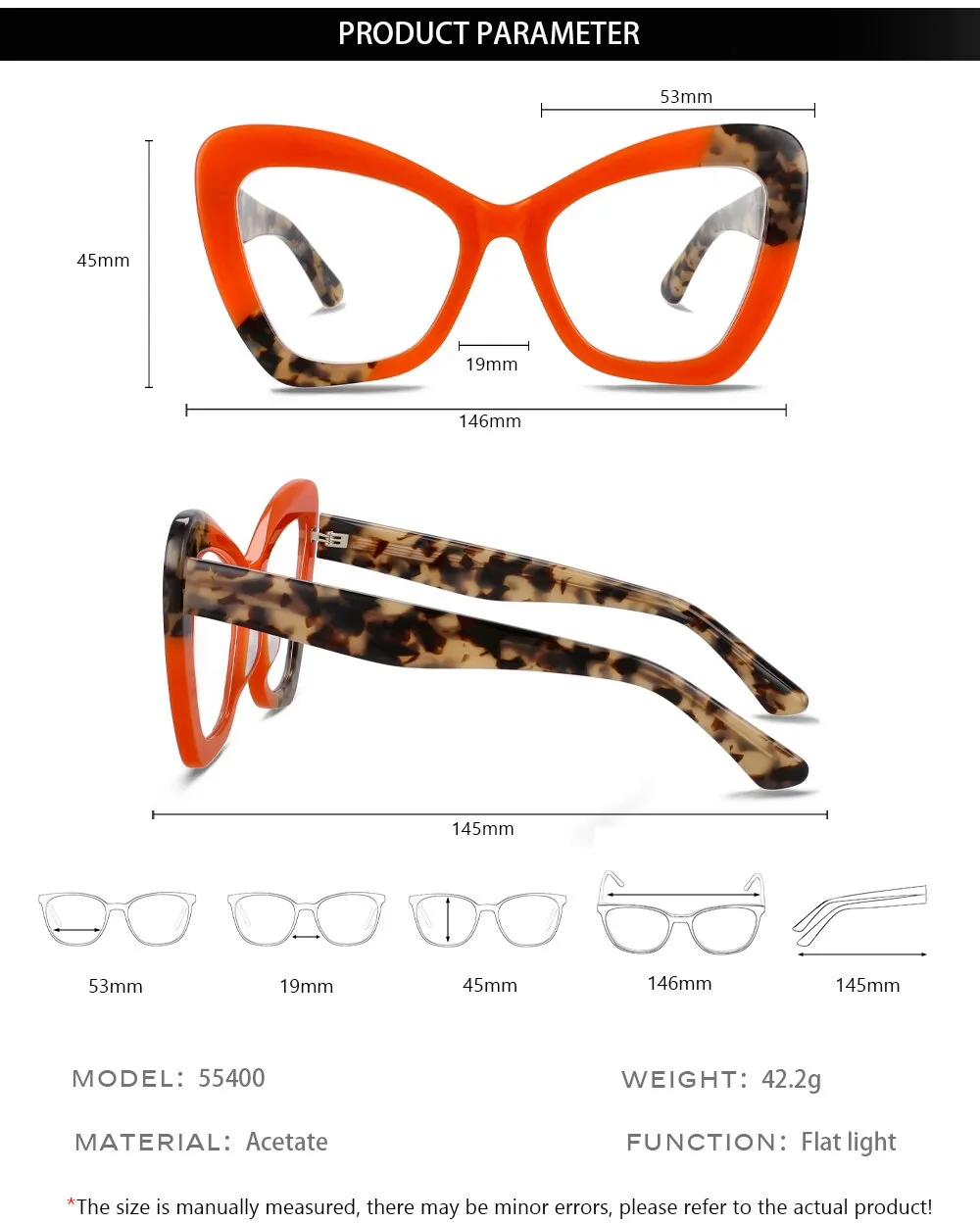 CCspace Women's Ful Rim Square Cat Eye Acetate Eyeglasses 55400