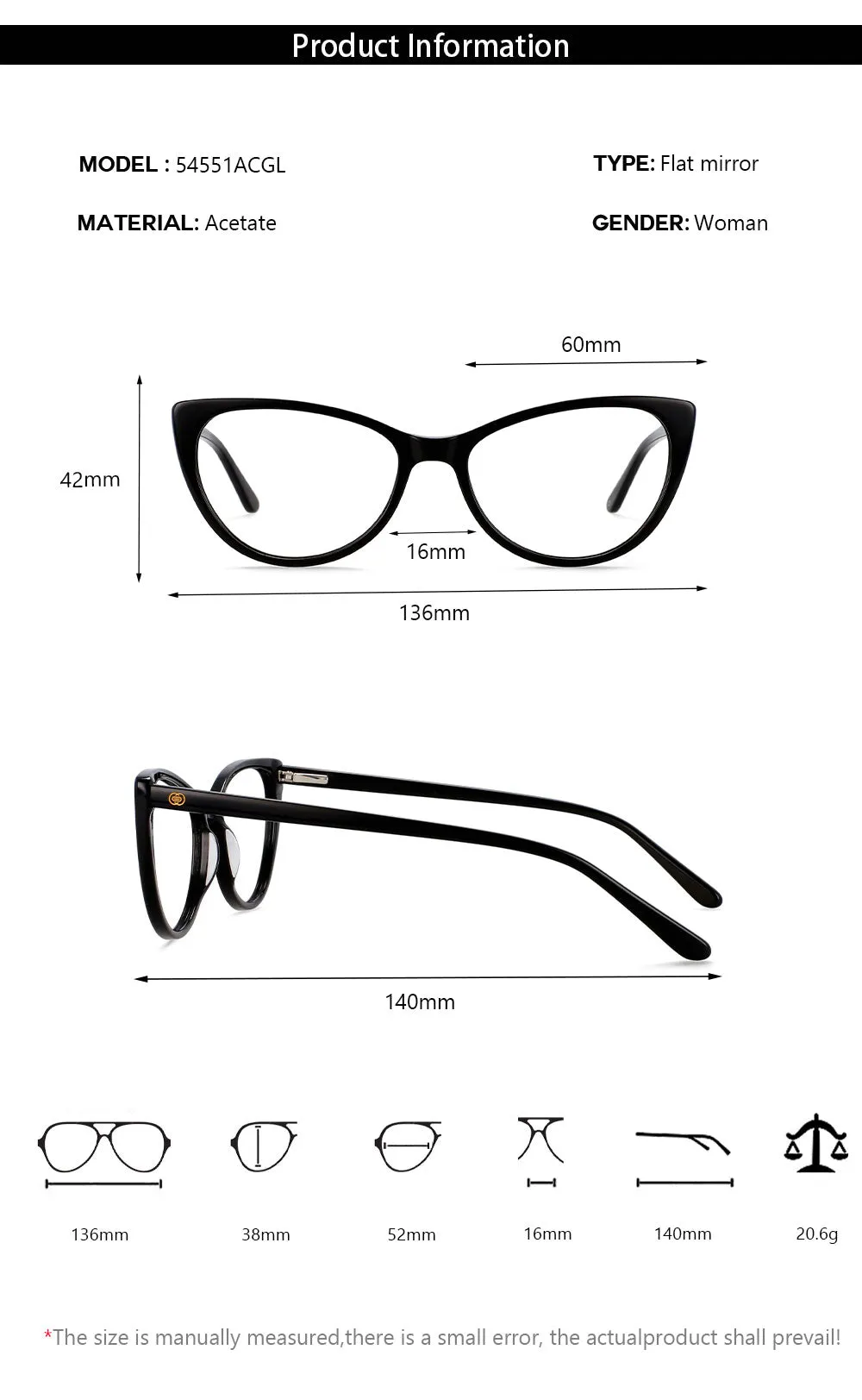 CCspace Women's Full Rim Cat Eye Acetate Frame Eyeglasses 54551