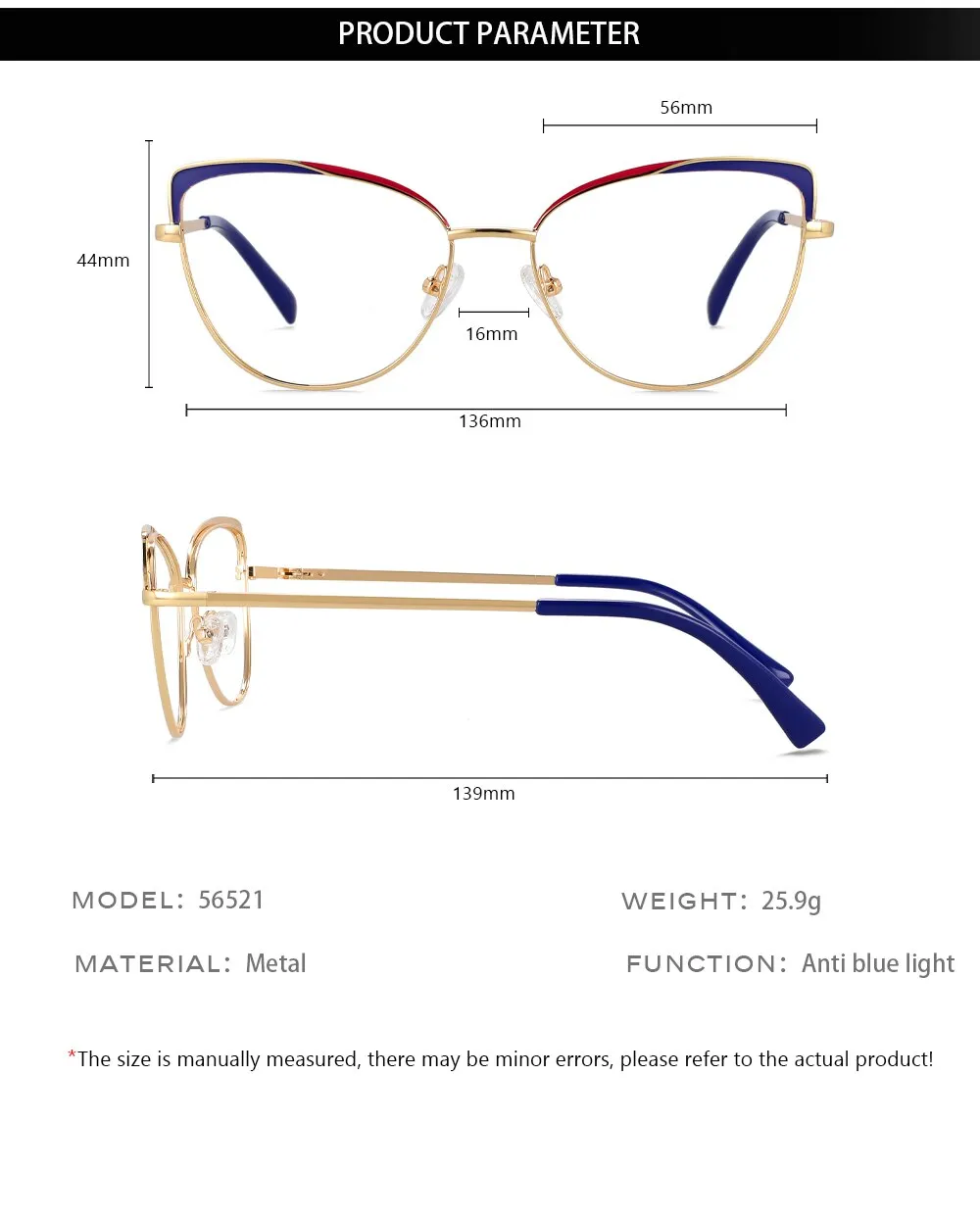 CCspace Women's Full Rim Cat Eye Alloy Eyeglasses 56521