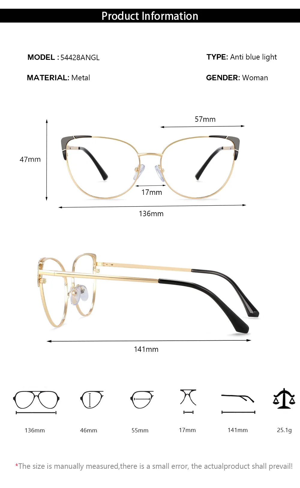 CCspace Women's Full Rim Cat Eye Alloy Frame Eyeglasses 54428