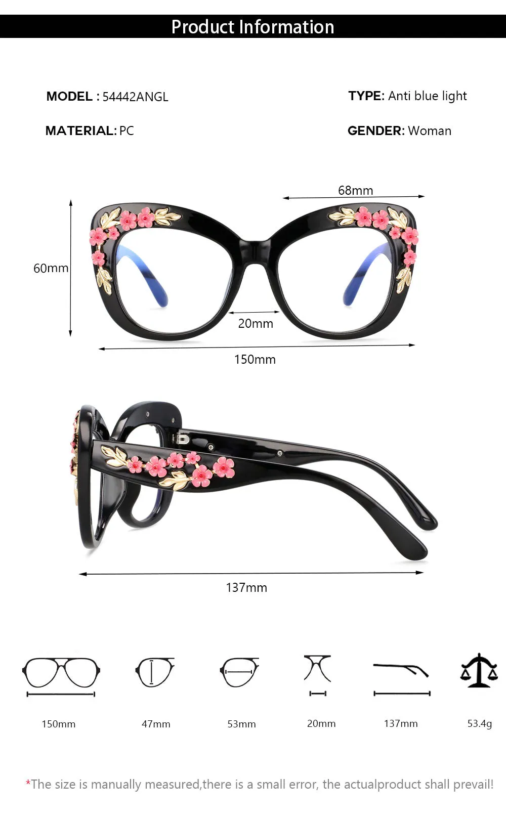 CCspace Women's Full Rim Oversized Square Cat Eye Resin Frame Eyeglasses 54442