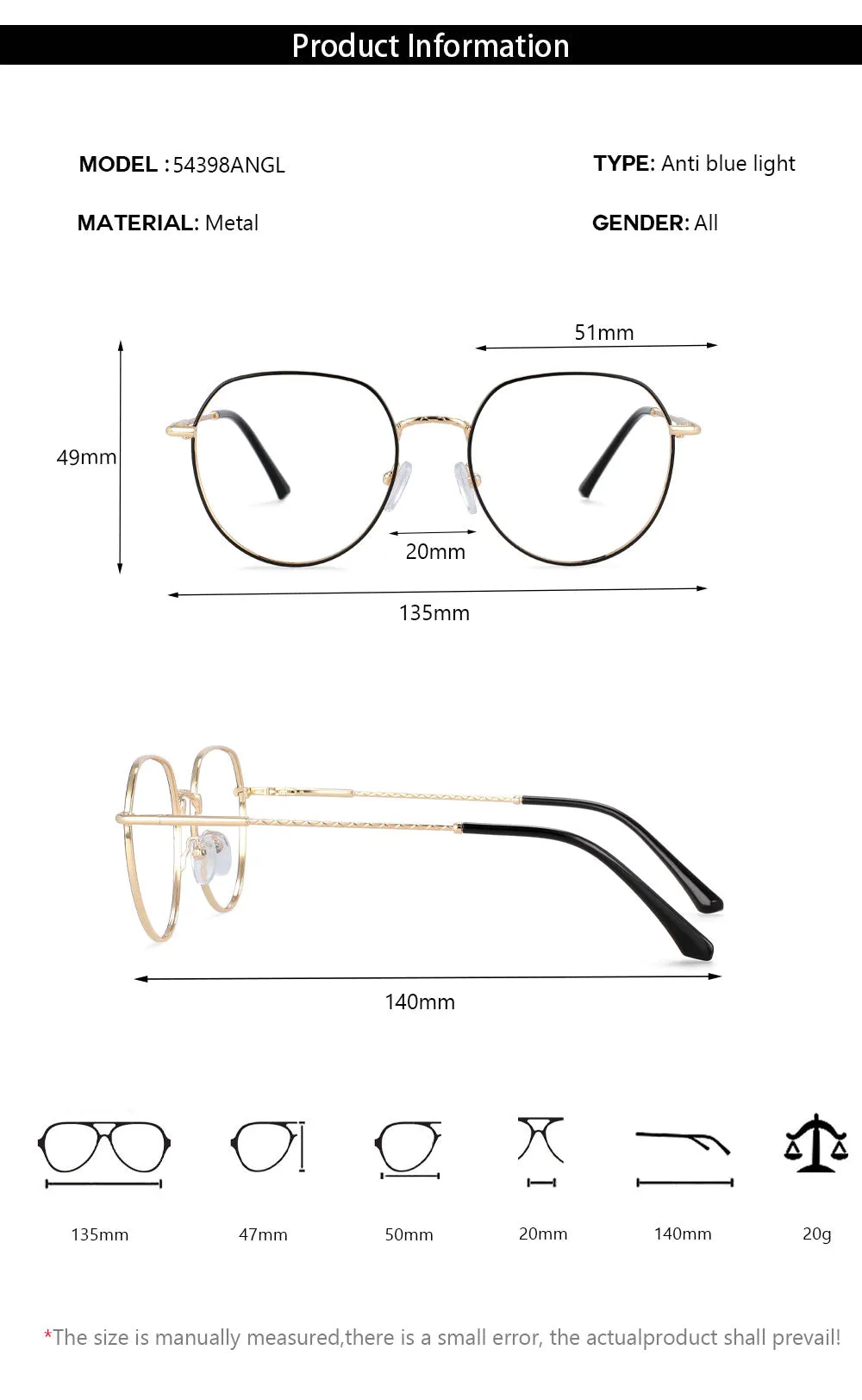 CCspace Women's Full Rim Round Alloy Frame Eyeglasses 54398