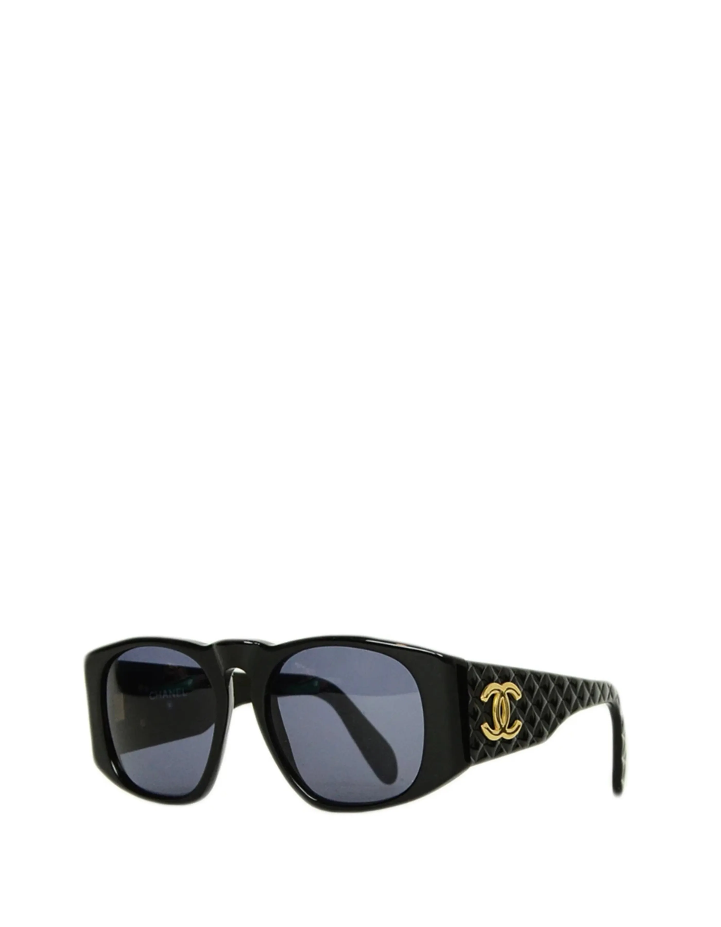 Chanel '90s Vintage Black Acetate Sunglasses w/ CC and Quilted Arms