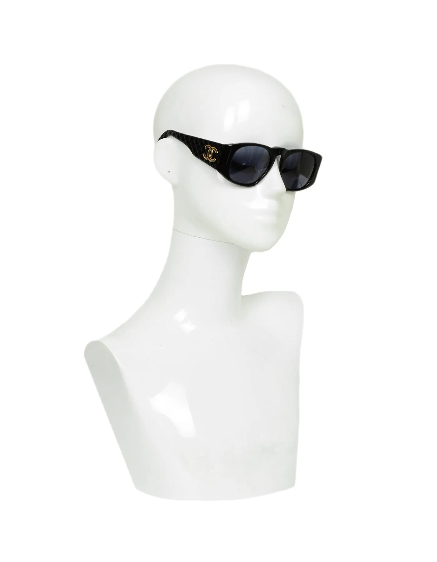 Chanel '90s Vintage Black Acetate Sunglasses w/ CC and Quilted Arms