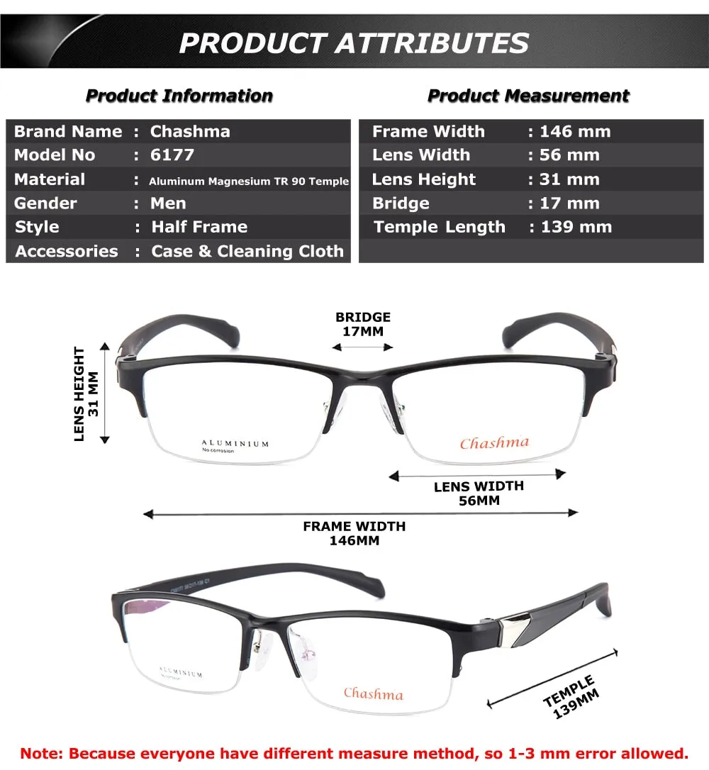 Chashma Men's Semi Rim Wide Square Alloy Eyeglasses 6177