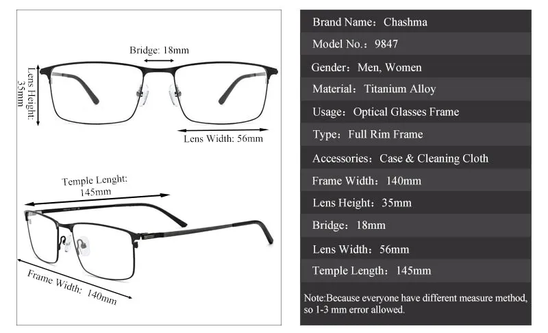 Chashma Ochki Men's Full Rim Square Titanium Alloy Eyeglasses 9847