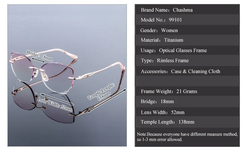 Chashma Ochki Women's Rimless Square Cat Eye Titanium Eyeglasses 99101
