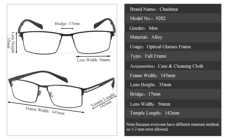 Chashma Ottica Men's Full Rim Large Square Titanium Eyeglasses 9282